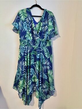 Rabbit Rabbit Rabbit Tropical Leaf Handkerchief Hem Dress Medium Blue Green
